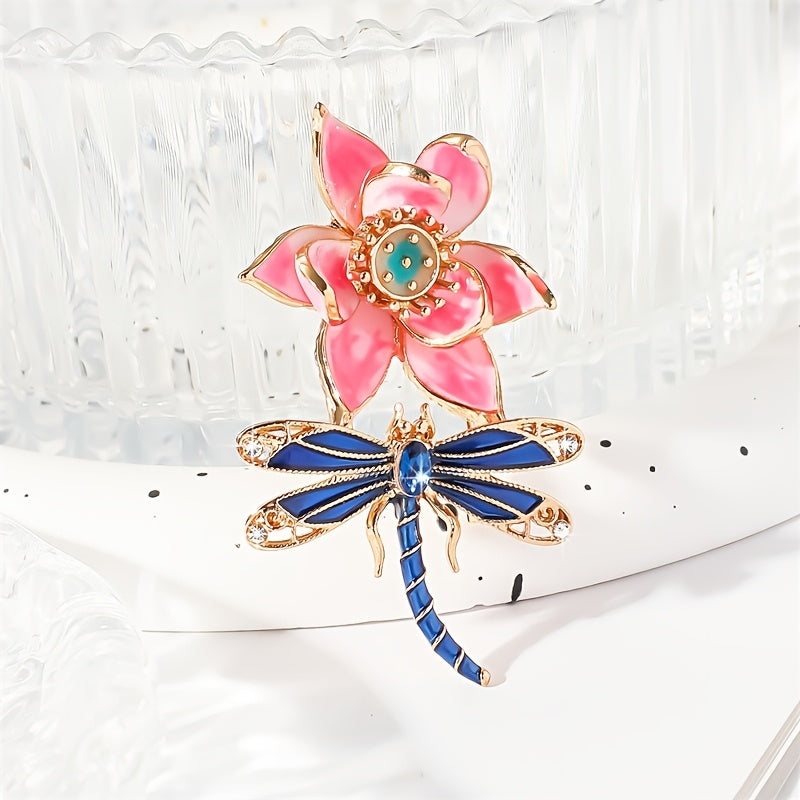 Stylish Enamel Lotus Flower and Dragonfly Brooch With Rhinestones - A Versatile Fashion Accessory for Women