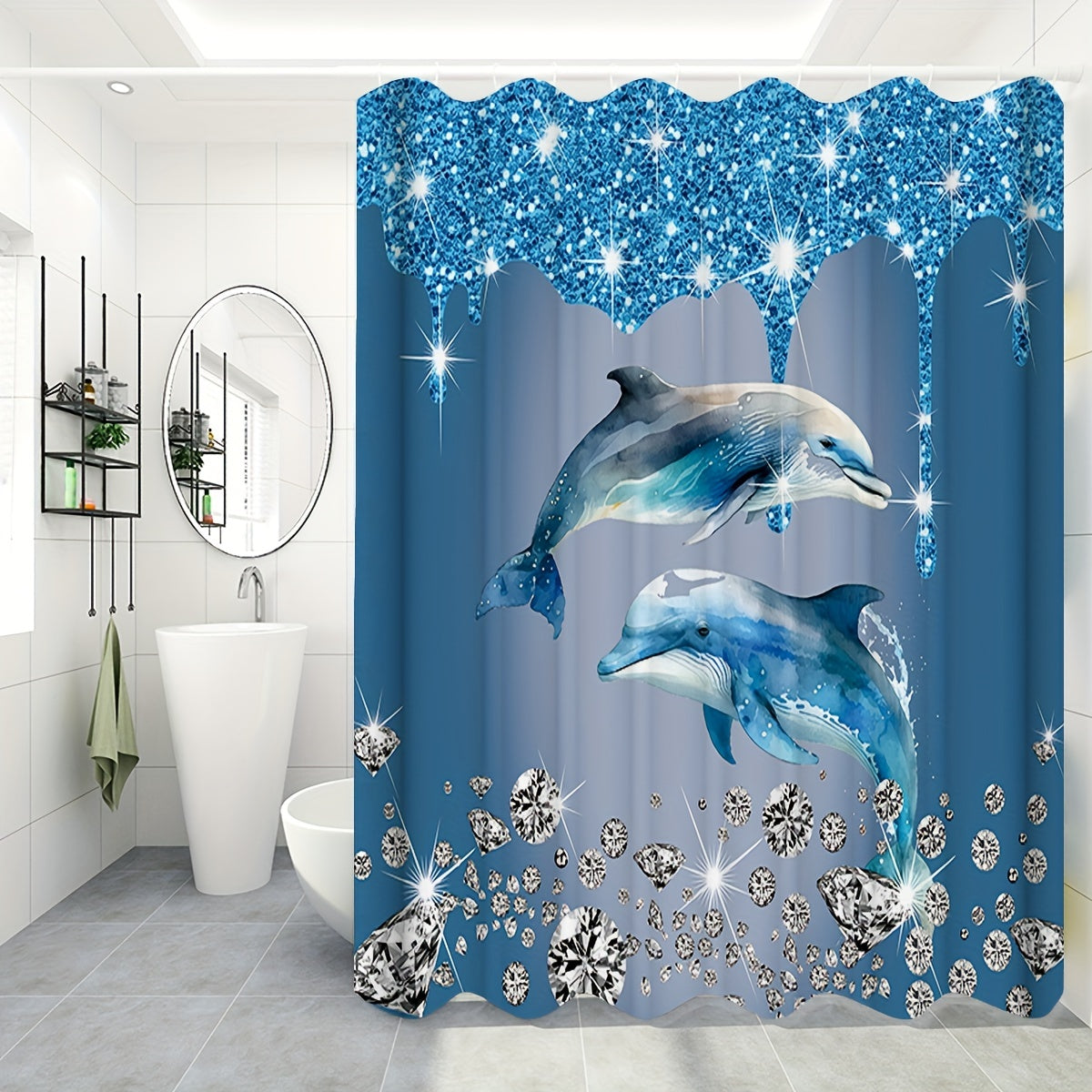 4-piece shining diamond dolphin printed bathroom set in blue includes a waterproof shower curtain, non-slip rug, toilet u-shape mat, and toilet lid cover mat with hooks.