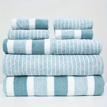 8-piece towel set with stripes - fast drying and highly absorbent. Includes 2 bath towels, 2 hand towels, and 4 washcloths for home, hotel, or spa use.