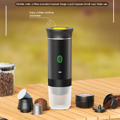 3-in-1 electric coffee maker: capsule and USB portable, perfect for on-the-go use at home, in the car, or outdoors.