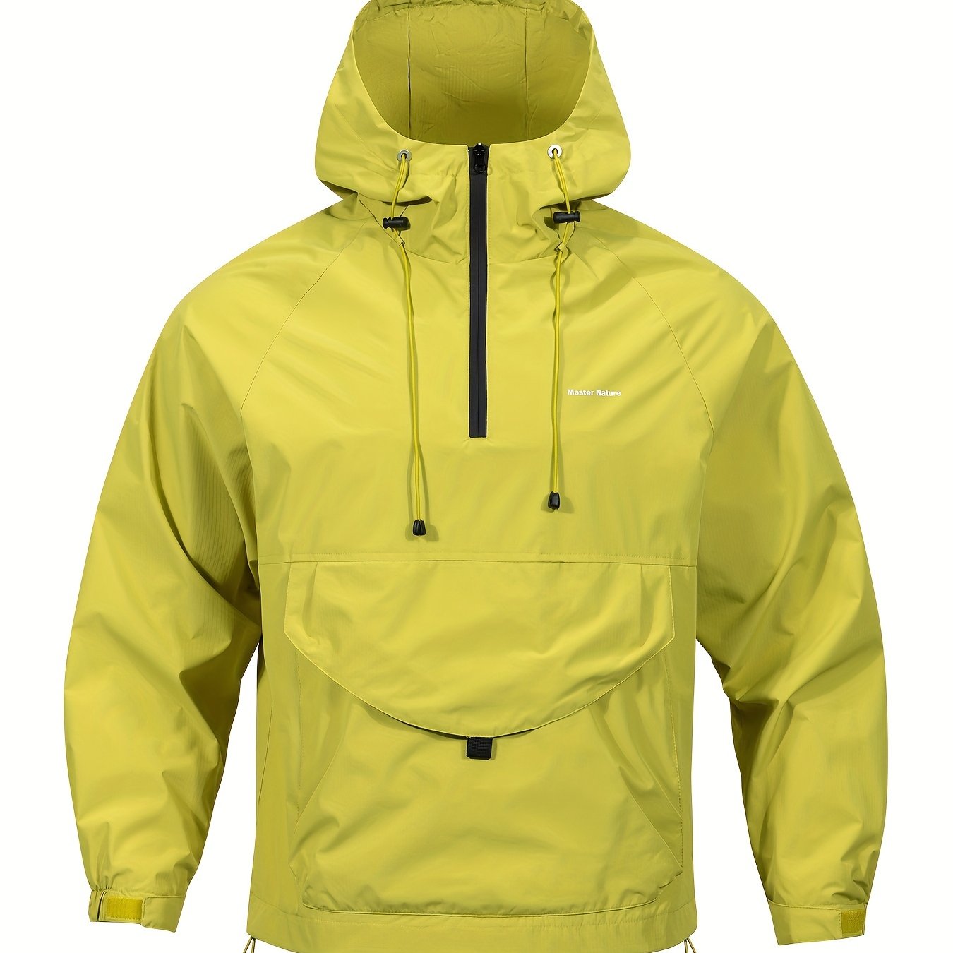 Men's windbreaker jacket with hood, zippered Henley neck, and kangaroo pocket, perfect for outdoor activities.