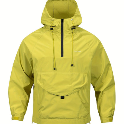 Men's windbreaker jacket with hood, zippered Henley neck, and kangaroo pocket, perfect for outdoor activities.