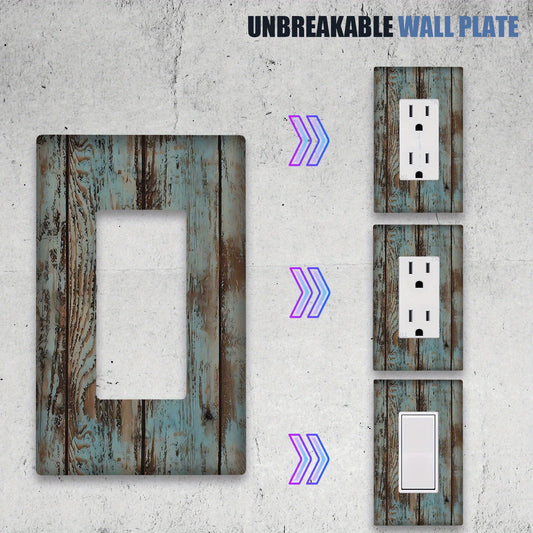 Rustic pale turquoise wood grain wall plate cover for indoor/outdoor use in various rooms.