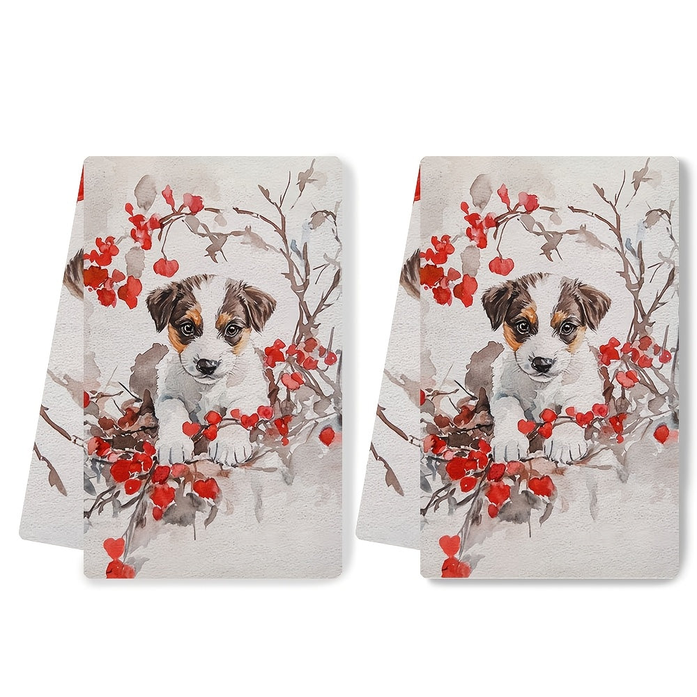 Set of 2 Ultra Soft Kitchen Towels featuring Cute Valentine's Puppy & Red Berries Design, with High Absorbency for Drying Dishes. Machine Washable, Modern Style, 40.64x60.96 cm - Ideal for Holiday Decor and Kitchen Use