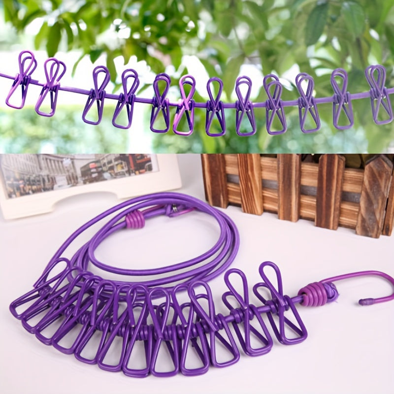 Portable Laundry Drying Rope Rack - Retractable Clothesline with 12 Plastic Clips for Outdoor Use