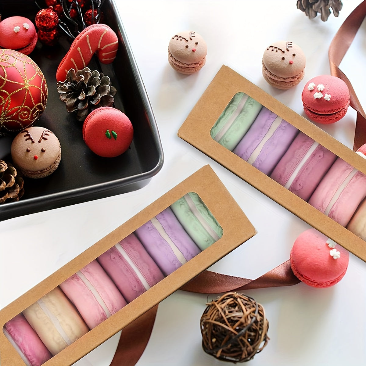 Pack of 25 Disposable Paper Pastry Containers with Flip Top lids for 6-8 Macarons. Made of food-grade material, perfect for holiday gift packaging for Christmas, Halloween, and Easter. Ideal for home baking and restaurants.