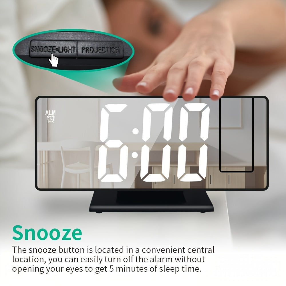 Multifunctional digital alarm clock with mirror projection, temperature display, and calendar function, suitable for home or office décor.