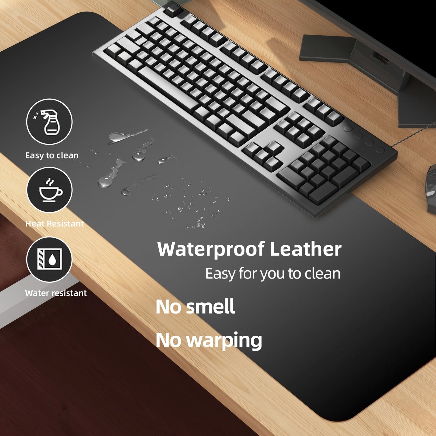 Non-slip PU leather desk pad for office and home use. Water and oil resistant, suitable for writing and using laptop and mouse. Available in two sizes.