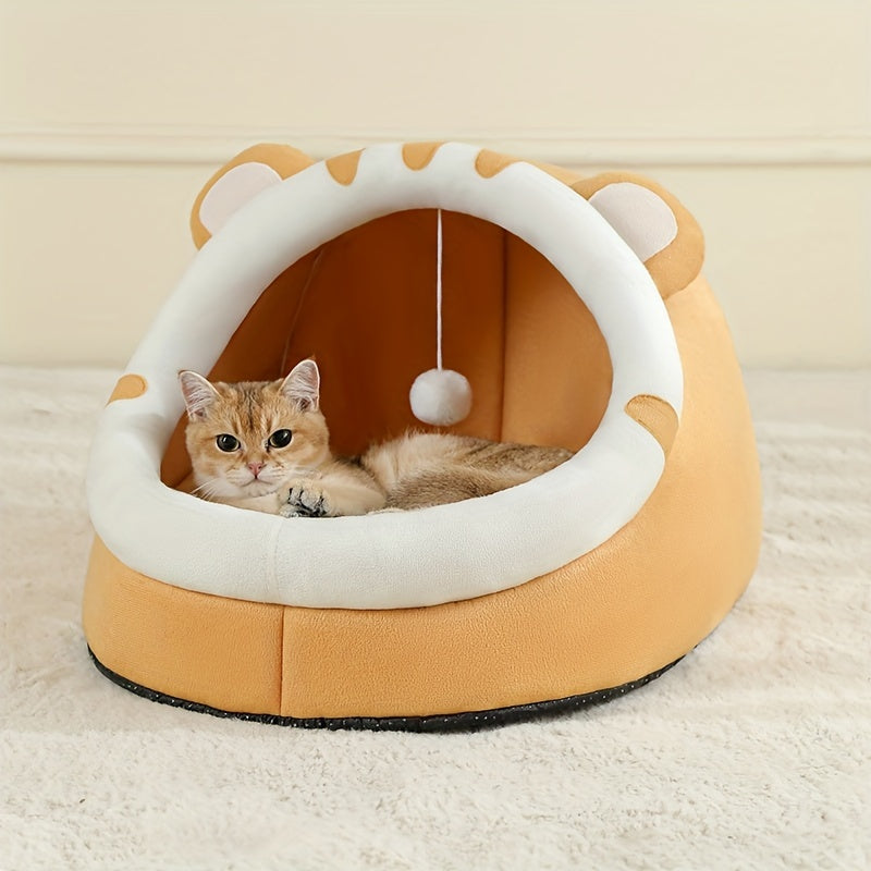 Cozy cat-shaped bed with soft polyester fiber, breathable and comfortable for all seasons. Suitable for small to large cats.