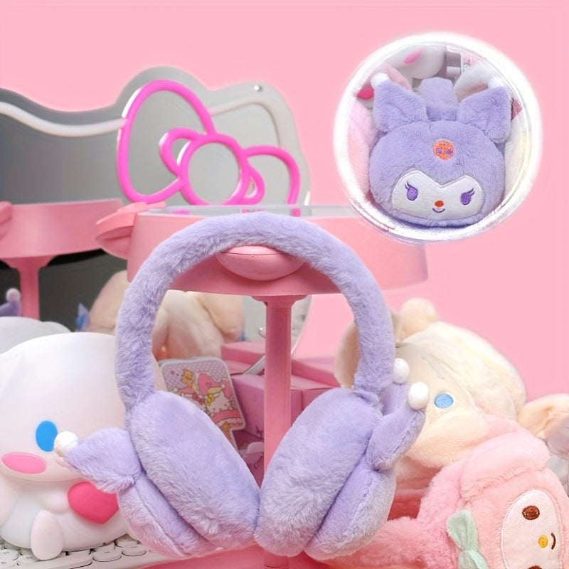 Stay warm and cozy this winter with Sanrio's adorable Kuromi & Cinnamon My My Melody Plush Earmuffs! These retractable earmuffs in pink, white, and purple feature a durable and cute kawaii design that is perfect for the cold weather. They make a