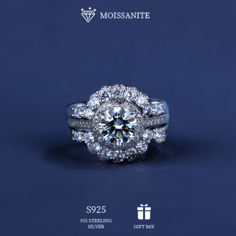 This exquisite set features a stunning 2-carat Moissanite ring in a Bohemian style, crafted from pure S925 silver with low allergy properties. Suitable for parties, this luxurious full-set ring for women weighs approximately 6.8g and comes with a