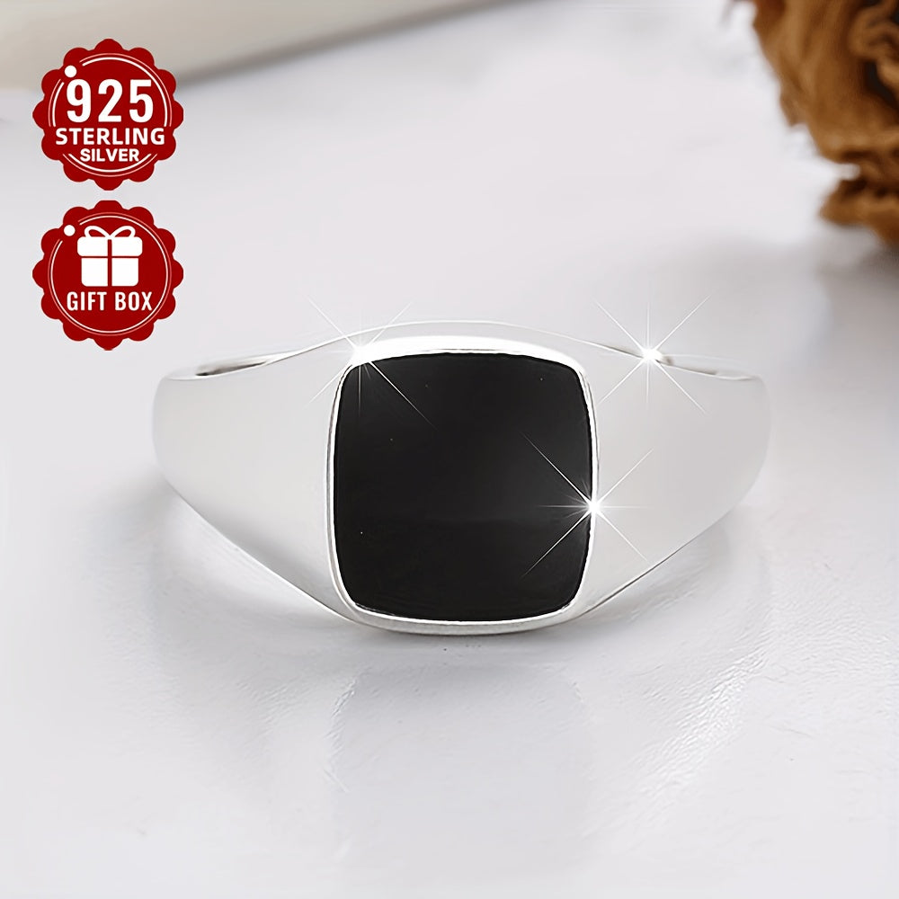 [Top Pick] Stylish S925 Sterling Silver Couple's Rings - Classic Black Enamel Band & Sleek Square Beveled Edge Ring, Perfect for Everyday Wear & Special Occasions, Comes with Gift Box, Timeless Design, Round Shape, Lightweight at 4.4g