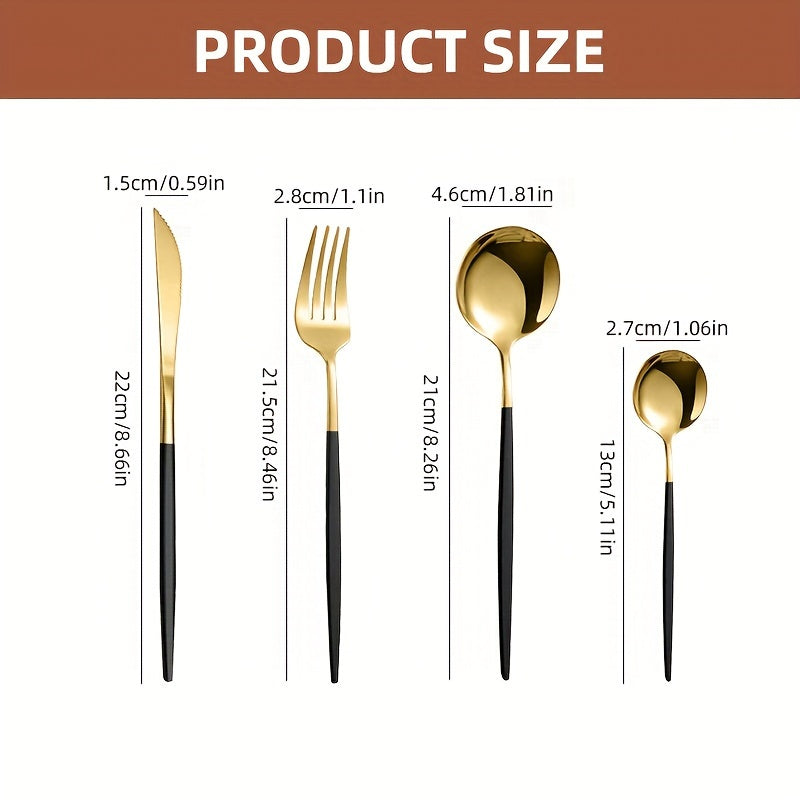 Sleek stainless steel flatware set with a black and golden finish, including knives, forks, and spoons for home, kitchen, or restaurant use. Durable and stylish tableware with varnished craftsmanship, perfect for special occasions like Christmas