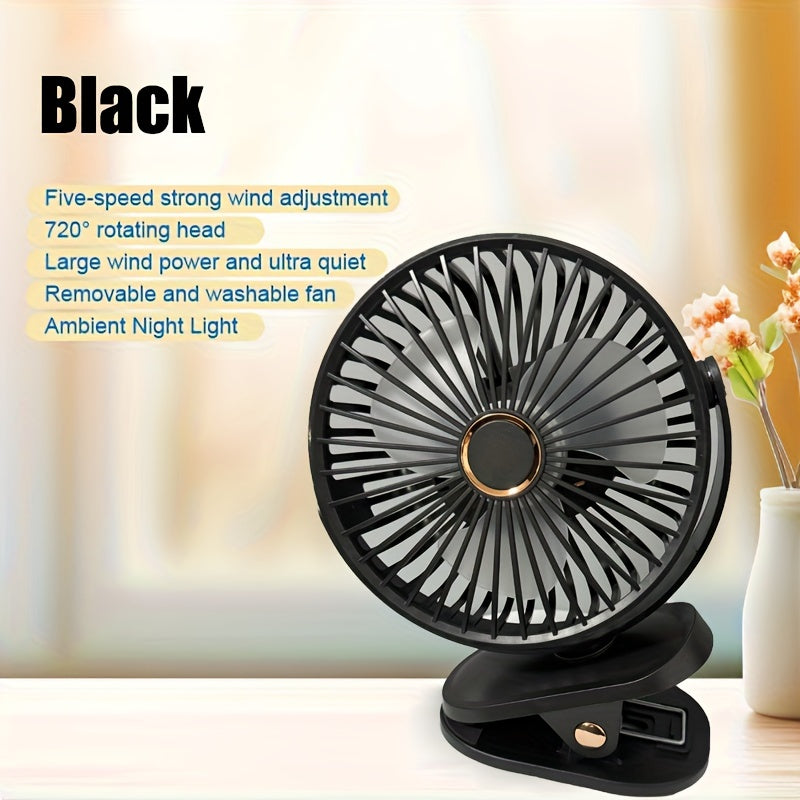 Portable silent desktop fan featuring powerful wind, energy-efficient biomimetic fan blades, five-speed wind adjustment, built-in battery with long-lasting USB charging, 720-degree adjustable air supply, and a 6-inch extra-large air outlet.