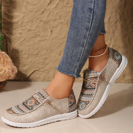 Casual lace-up canvas sneakers with ethnic print for women.