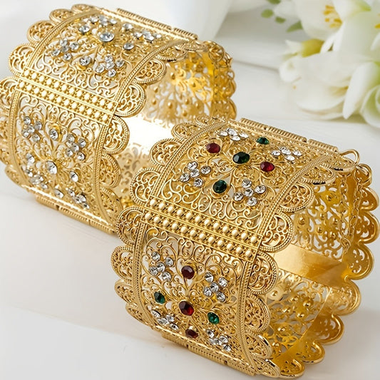 Vintage Floral Carved 24K Golden Plated Wide Cuff Bracelet with Synthetic Stones, Zinc Alloy Open Bangle featuring November Birthstone. Perfect Ramadan Holiday Jewelry for Women, ideal for Parties and Weddings.