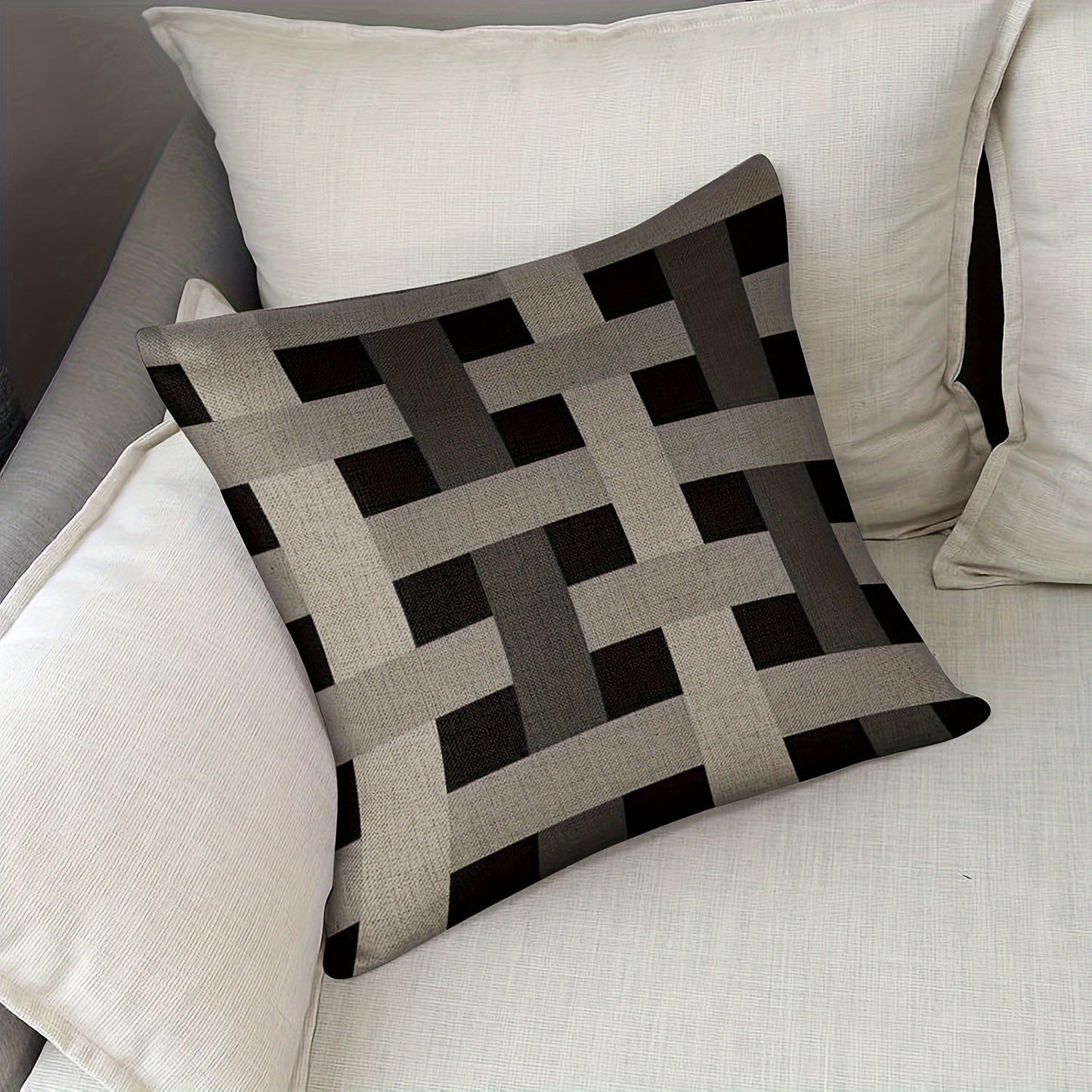 Contemporary Art Chic Black & Grey Linen Pillowcase with Zip Closure - Machine Washable for Living Room Sofa or Bedroom Decor, Perfect for Adding Style to Your Couch with Decorative Pillows