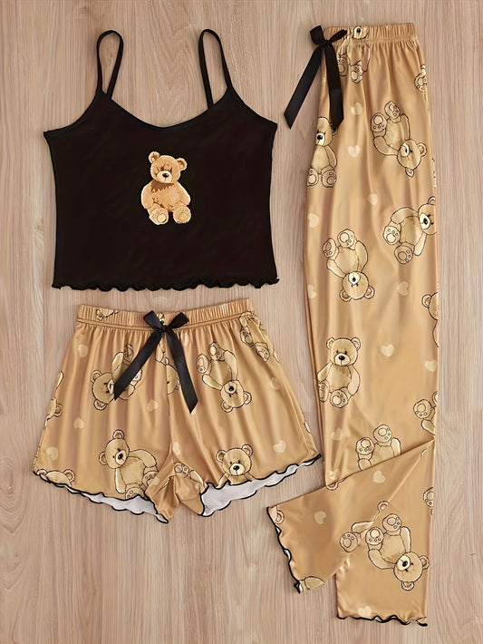 Bear print pajama set with lettuce trim, including a crop cami top, shorts, and pants, for women's sleepwear and loungewear.