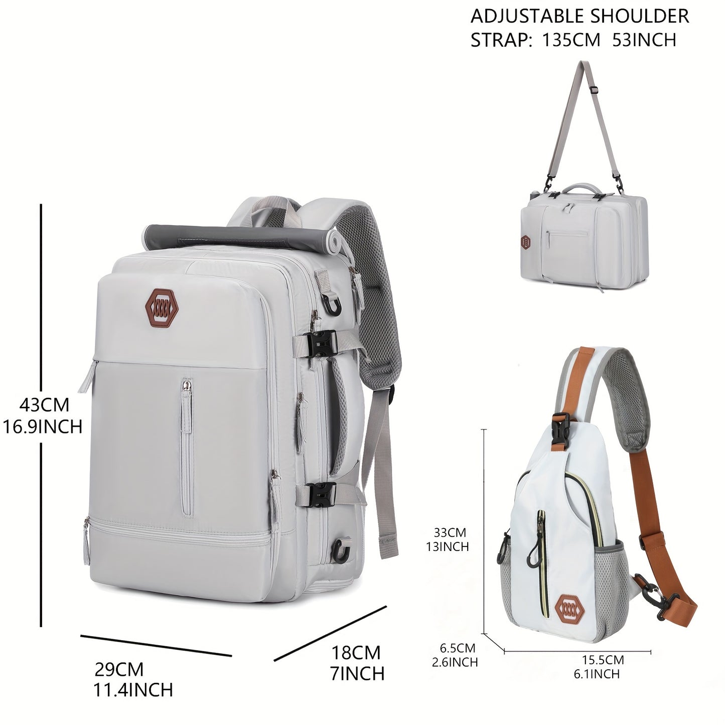 Large, durable backpack with shoe compartment, USB port, and 17-inch laptop compartment, ideal for college or business use.