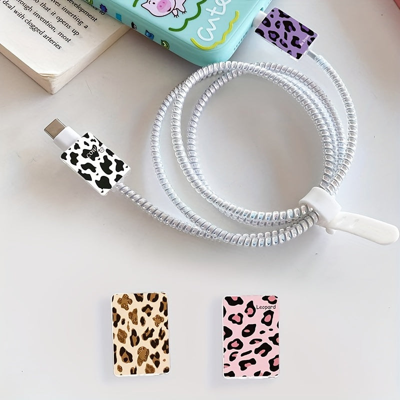 4-piece leopard print set for Apple IOS mobile phone charging cables, includes fixing clip, protective cover, anti-break wire, cute fruit and flower designs.