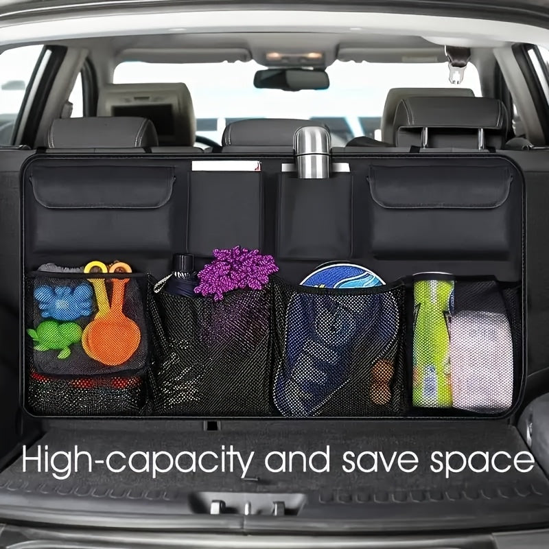 Space-saving car trunk organizer with 8 pockets, made of durable polyester, ideal for SUVs and trucks.