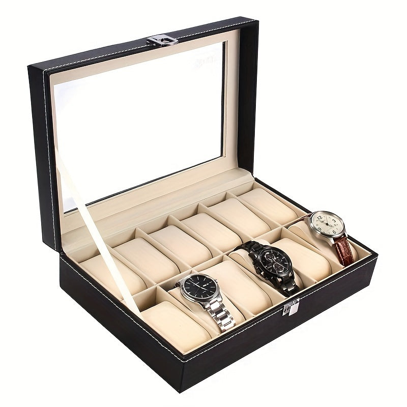 12-compartment faux leather watch box with glass lid, metal clasp, velvet lining, and flip-top closure. Black jewelry organizer for watches.