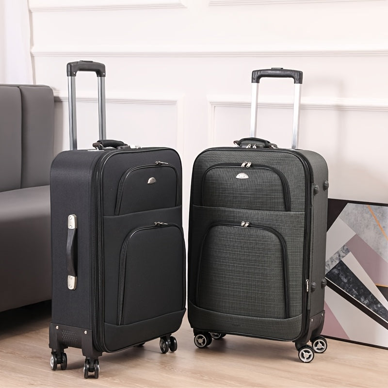 Suitcases measuring 50.8cm and 60.96cm with multi-color options, spinner wheels, telescopic iron handle, combination lock, and durable zipper closure. Ideal for secure and stylish travel