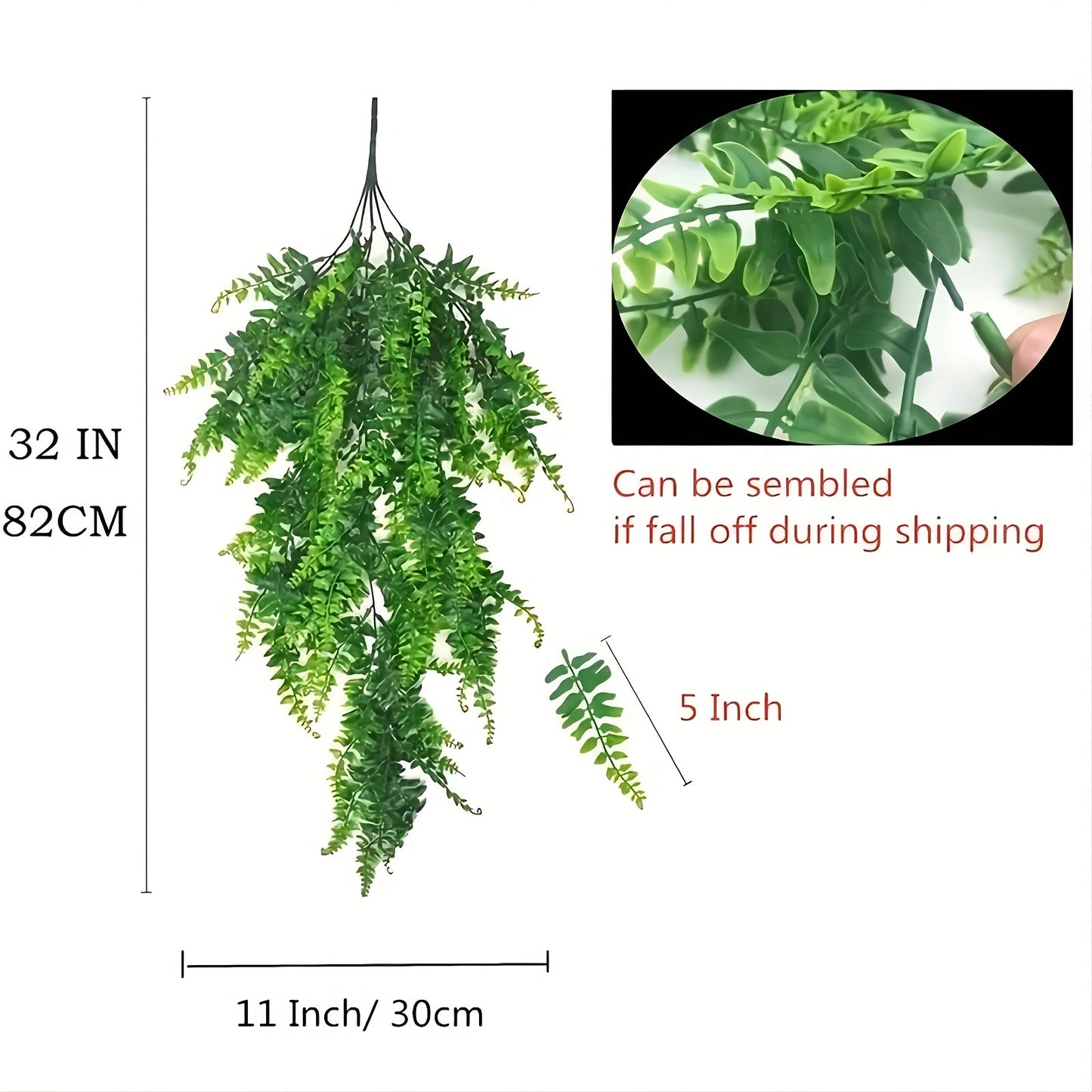 2pcs Premium artificial fern and rattan hanging plants with UV resistant plastic for outdoor and indoor decoration such as weddings, rooms, and gardens.