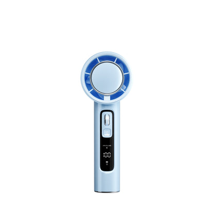 This portable mini handheld fan offers 100-speed wind force adjustment with a turbo feature. It includes an LED display for monitoring battery life and speed settings. The fan is USB rechargeable and includes a built-in aromatherapy feature. It also has