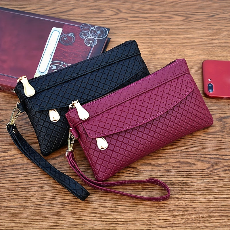 Women's Argyle Quilted Clutch with Multiple Zippers, Wristlet Bag for Phone and Coin