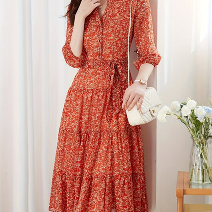 Elegant red floral chiffon maxi dress for women with a flattering slimming effect, complete with a belt.