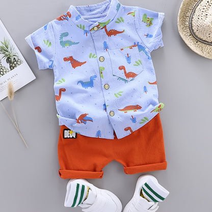 Set of 2 toddler boys' outfits featuring dinosaur print button shirt and elastic waist shorts for daily and outdoor wear.