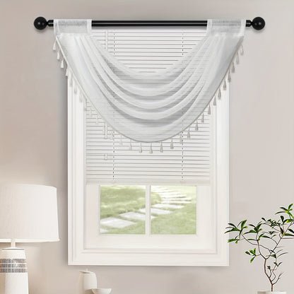 Fashionable Sheer Wave Curtain Valance with Tassels Edge - Light-Transmitting, Rod Pocket Design - Ideal for Living Room, Bedroom, or Kitchen Decor - Measures 30x24 Inches