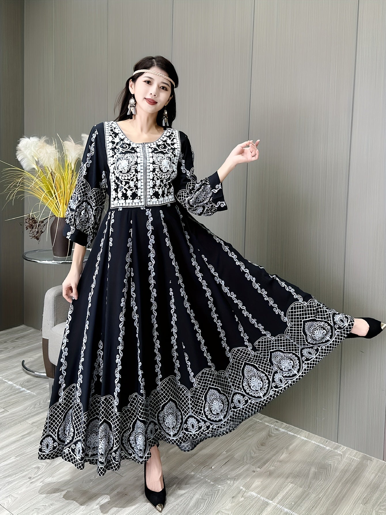 Vintage-inspired black & white embroidered kaftan dress with 3/4 sleeves perfect for casual, vacation, beach wear. Polyester, non-stretch fabric.