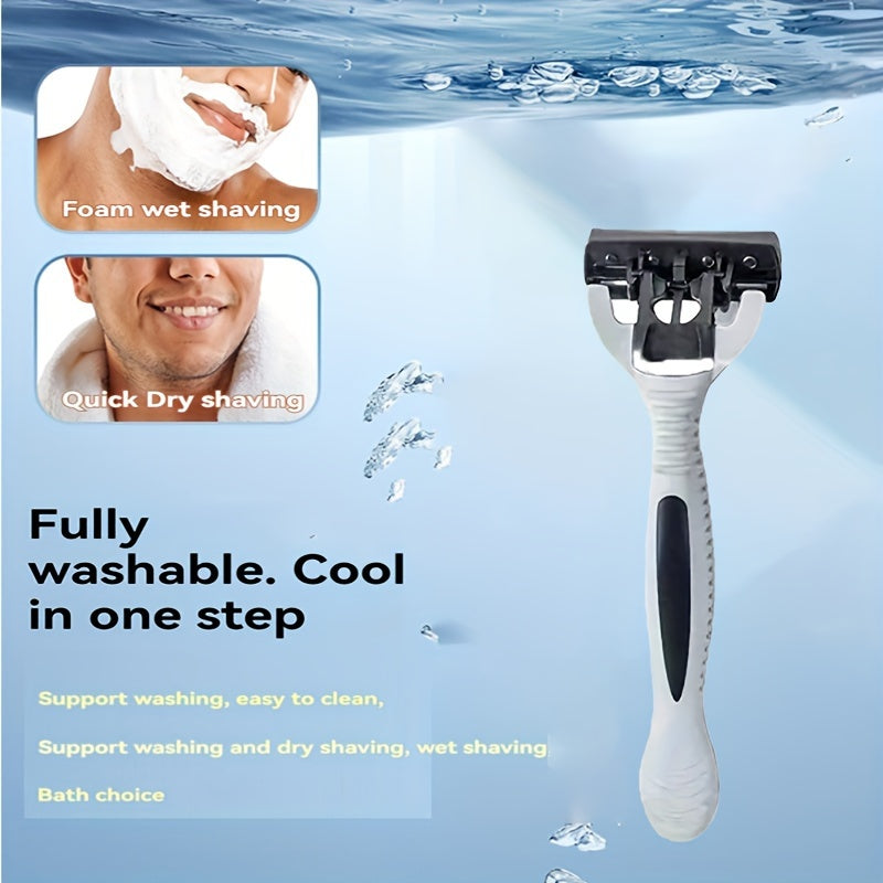 Men's manual razor with stainless steel blades, non-slip handle, and replacement heads. Ideal for beard and mustache grooming.