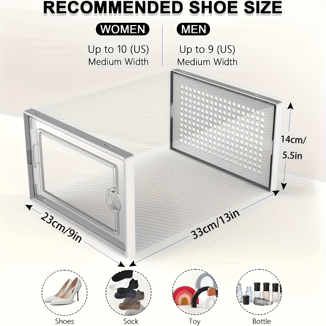 An assortment of clear plastic shoe containers in different dimensions, created for easy stacking and acting as multiple-tier shoe storage units that keep dust at bay. These adaptable shoe organizers are ideal for showcasing in homes and dorm rooms