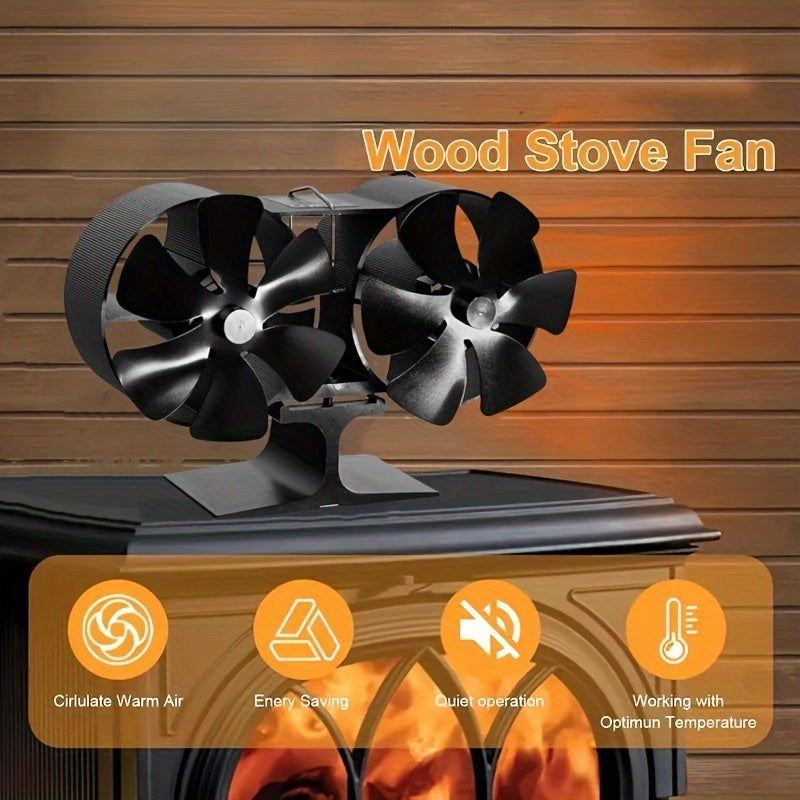 12-Blade Heat Powered Stove Accessory Fireplace Fan for Wood/Gas/Log Burners. Dual-Head Design, Aluminum with Polished Finish, Non-Electric Operation.