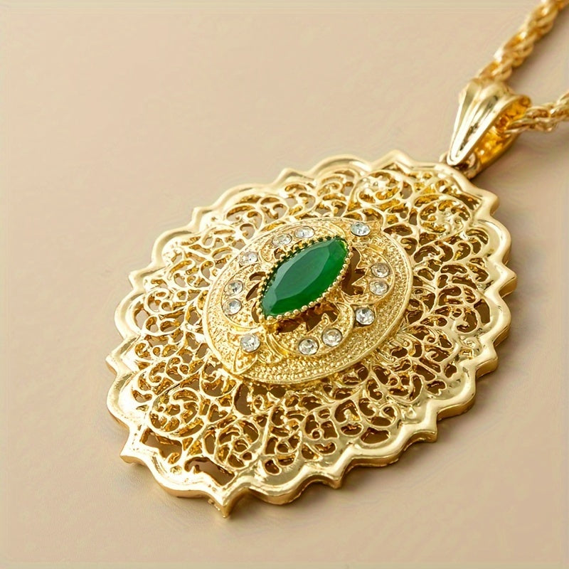 Bridal Jewelry Inspired by Moroccan Design- 18K Gold Plated Pendant Necklace with Vintage Style Hollow Pattern and Oval Synthetic Gemstones, 60cm Twisted Chain Perfect for Party, Wedding, Valentine's Day and Spring Season Events- Zinc Alloy Necklace.