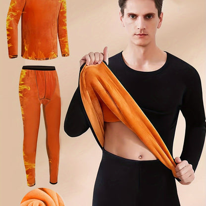 Winter thermal underwear set for men, includes ultra-thick fleece long sleeve top and pants, provides warmth and coziness for middle-aged to elderly.