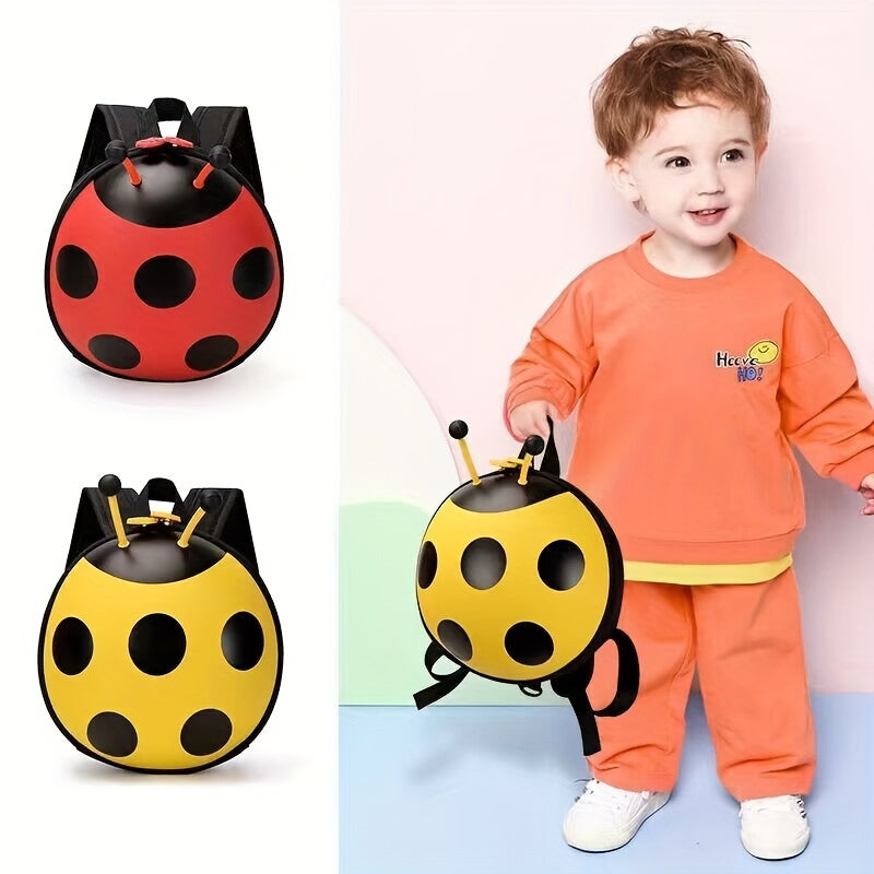 Durable, waterproof ladybug backpack for toddlers 1-3 years. Adjustable straps, stain-resistant, EVA material with yellow & black polka dot design. Perfect for boys & girls.