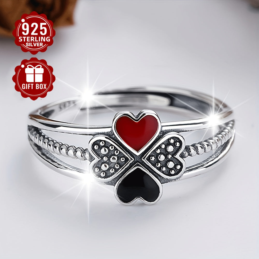 A chic and adaptable sterling silver ring for women featuring a modern enamel heart-shaped four-leaf clover design, perfect for adding flair to your travel and event outfits. Weighing approximately 2.3g, this ring is both practical and fashionable.