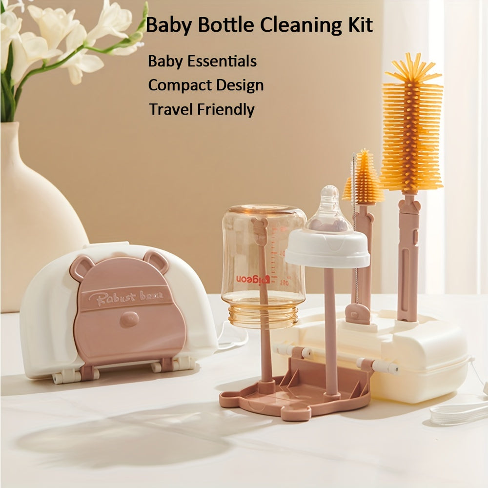 Get a complete bottle cleaning solution with this 6-in-1 set! Includes silicone bottle brush, pacifier brush, soap liquid bottle, straw cleaning brush, bottle drying rack, and organizer. Perfect for home and travel use.