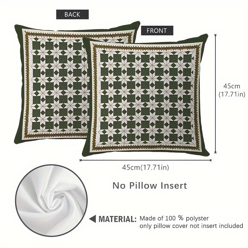 Chic geometric green throw pillow cover with charming design, 44.96x44.96cm in size. This reversible cover features a double-sided print and zipper closure for easy use. Made of machine-washable polyester, perfect for adding a touch of style to any room