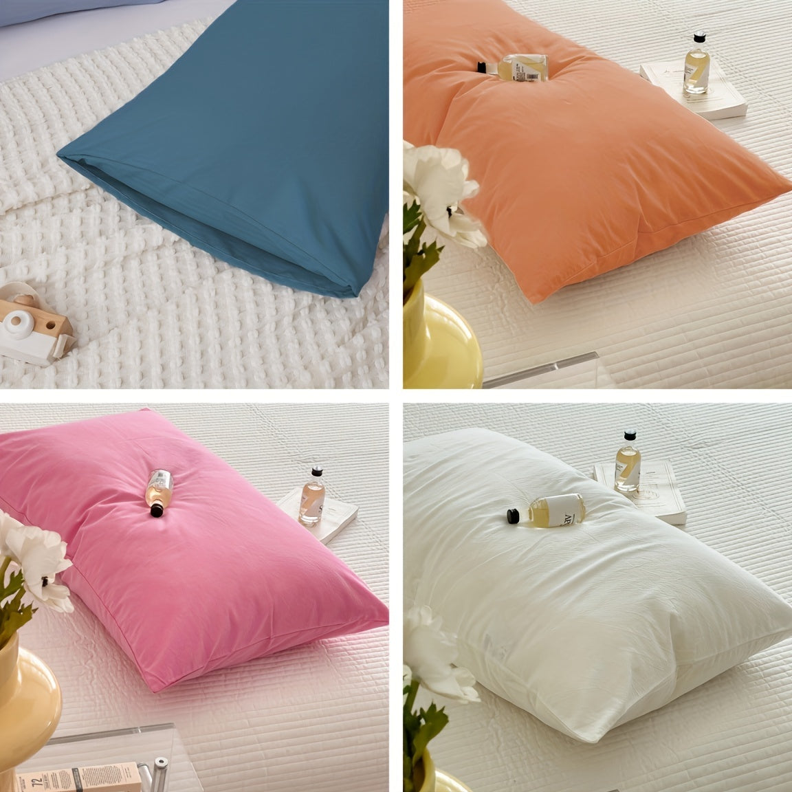 Two brushed pillowcases with a simple solid color design and envelope closure, perfect for decorating your living room, bedroom, or sofa. Pillow inserts not included.