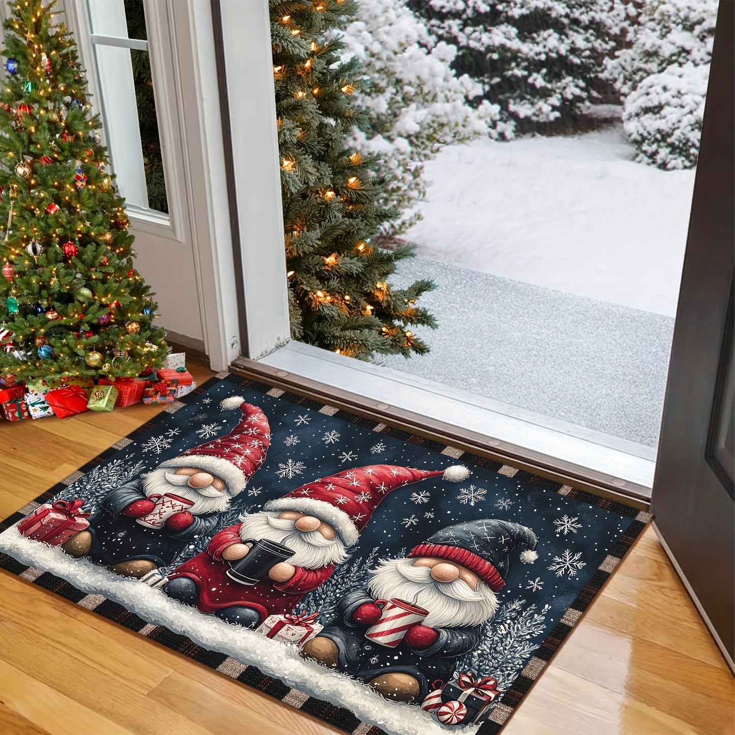 Get into the holiday spirit with the Festive Christmas Gnome Doormat! This non-slip, washable doormat is made of polyester with a rubber backing for durability. Machine-made in a rectangular shape, this welcome mat is perfect for home decor. Lightweight