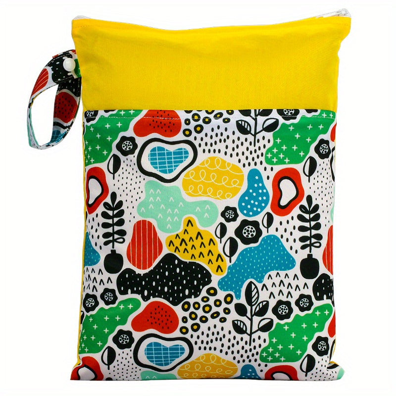 Waterproof multicolor reusable nappies bag with dimensions of 24.99*35.0cm. This wet dry mammy bag features a double pocket, cloth handle, and is a wetbag.