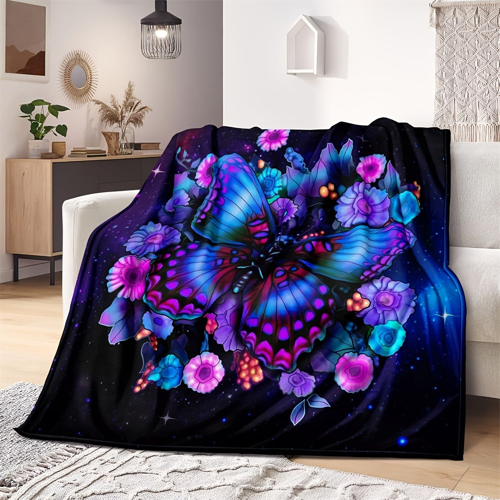 One piece of a purple floral butterfly blanket with digital printing, made from cozy lightweight flannel material perfect for sofa, bed, travel, and camping. This fleece throw blanket is ideal for living rooms, offices, couches, chairs, and beds.