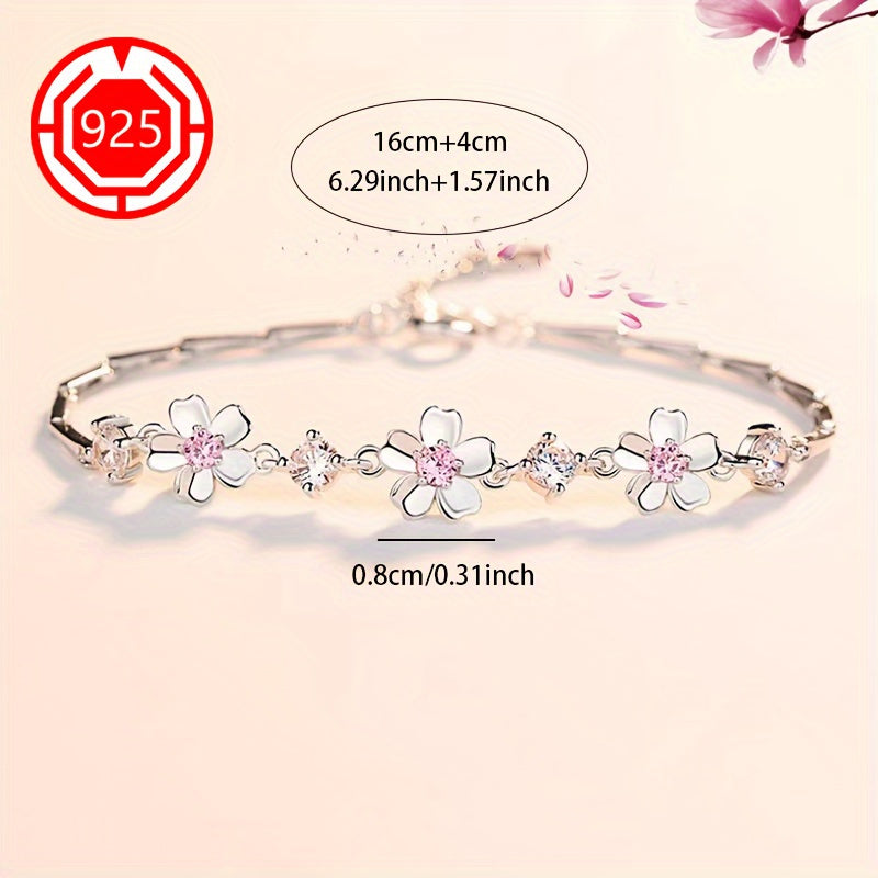 925 Sterling Silver Cherry Blossom Bracelet with 18K Gold Plating, Hypoallergenic and Elegant Floral Design - Ideal Gift for Girlfriend, Best Friend, Wedding, or Holidays. Lightweight at 4g, comes with Gift Box for All Seasons.