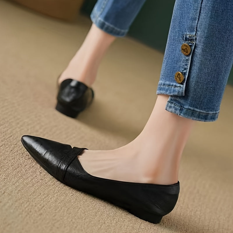 Women's black pointed-toe flats with side cut-out design, soft PU cover upper, lightweight PVC sole, comfortable slip-on shoes for all-day wear. Ideal for everyday wear. Minimalist and cute.