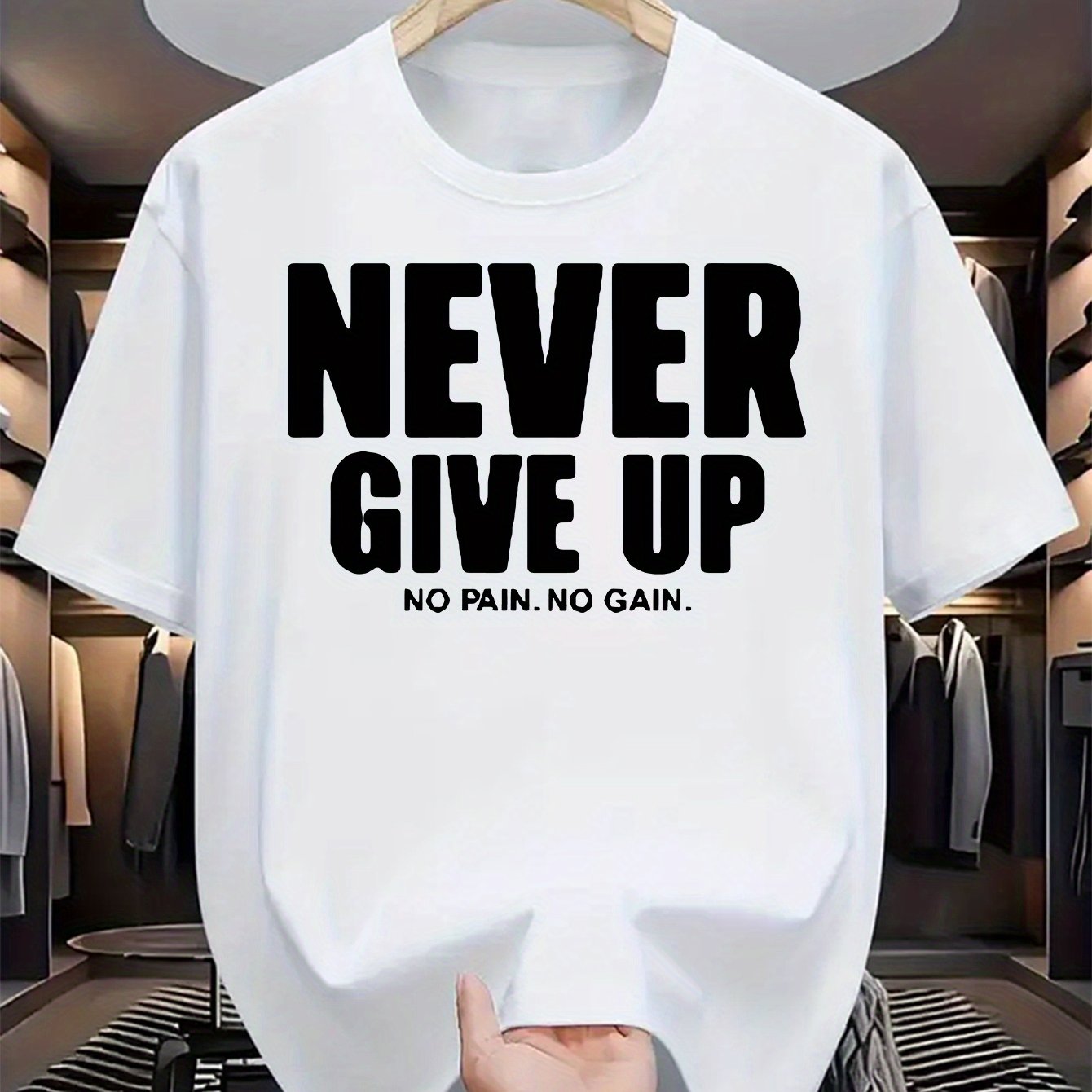 Men's casual crew neck t-shirt with "Never Give Up" print, made of polyester knit fabric with a slight stretch for a regular fit. Perfect for daily wear in summer with short sleeves.